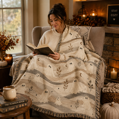 Reader wrapped in a soft neutral ghost Halloween woven blanket in a cozy reading nook
