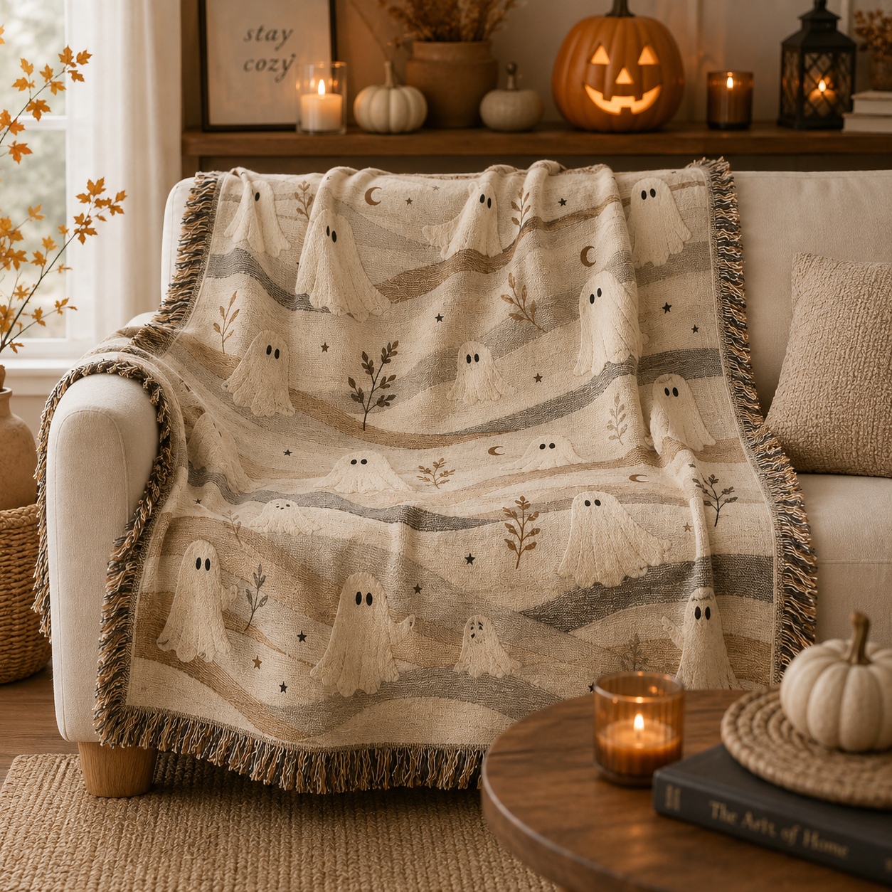Soft neutral ghost Halloween woven blanket draped on a cozy sofa with fringe