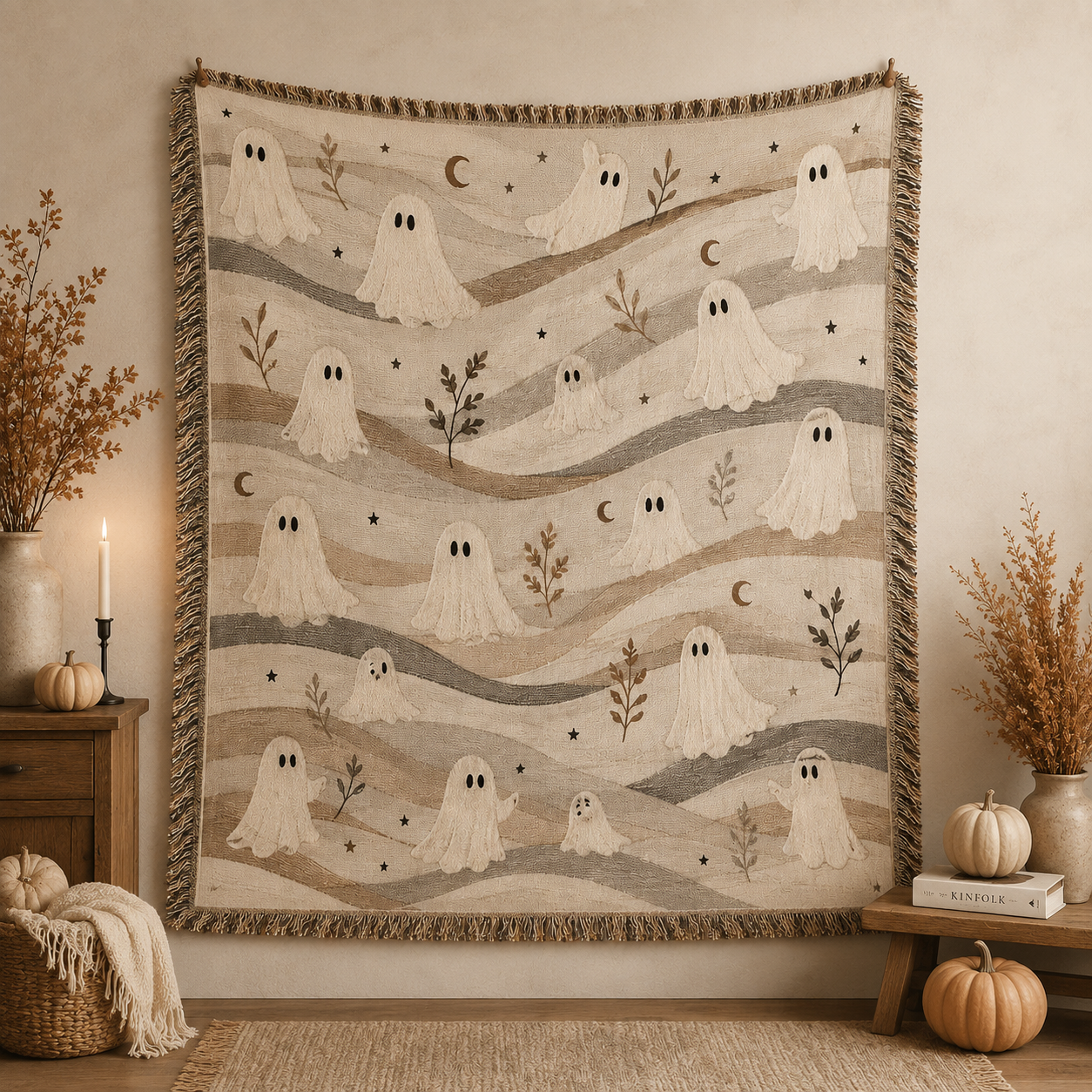 Neutral ghost Halloween woven blanket displayed as cozy seasonal wall decor