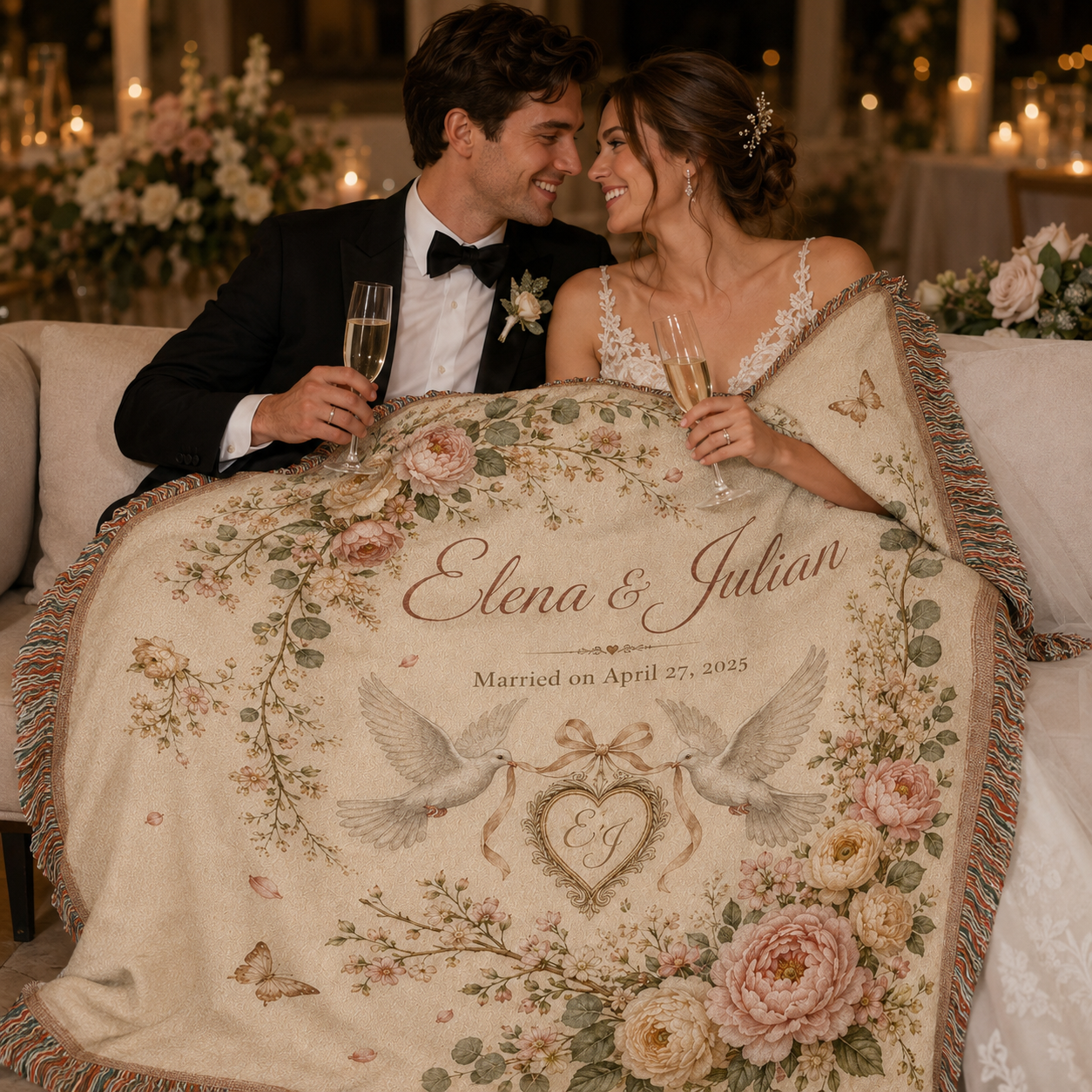 Newlywed couple wrapped in a personalized floral woven wedding blanket with champagne