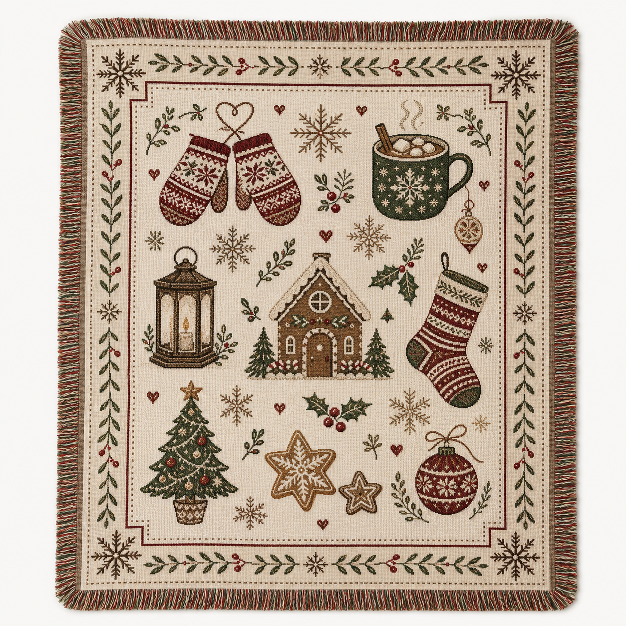 Nordic Christmas folk art woven blanket with holiday motifs and fringed edges