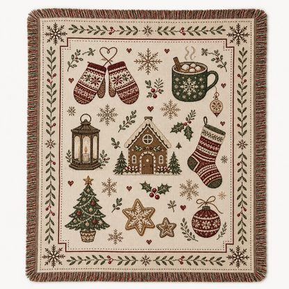 Nordic Christmas folk art woven blanket with holiday motifs and fringed edges