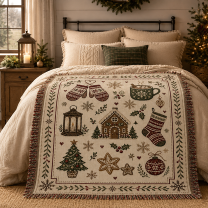 Christmas folk art woven blanket displayed across a festive farmhouse bed