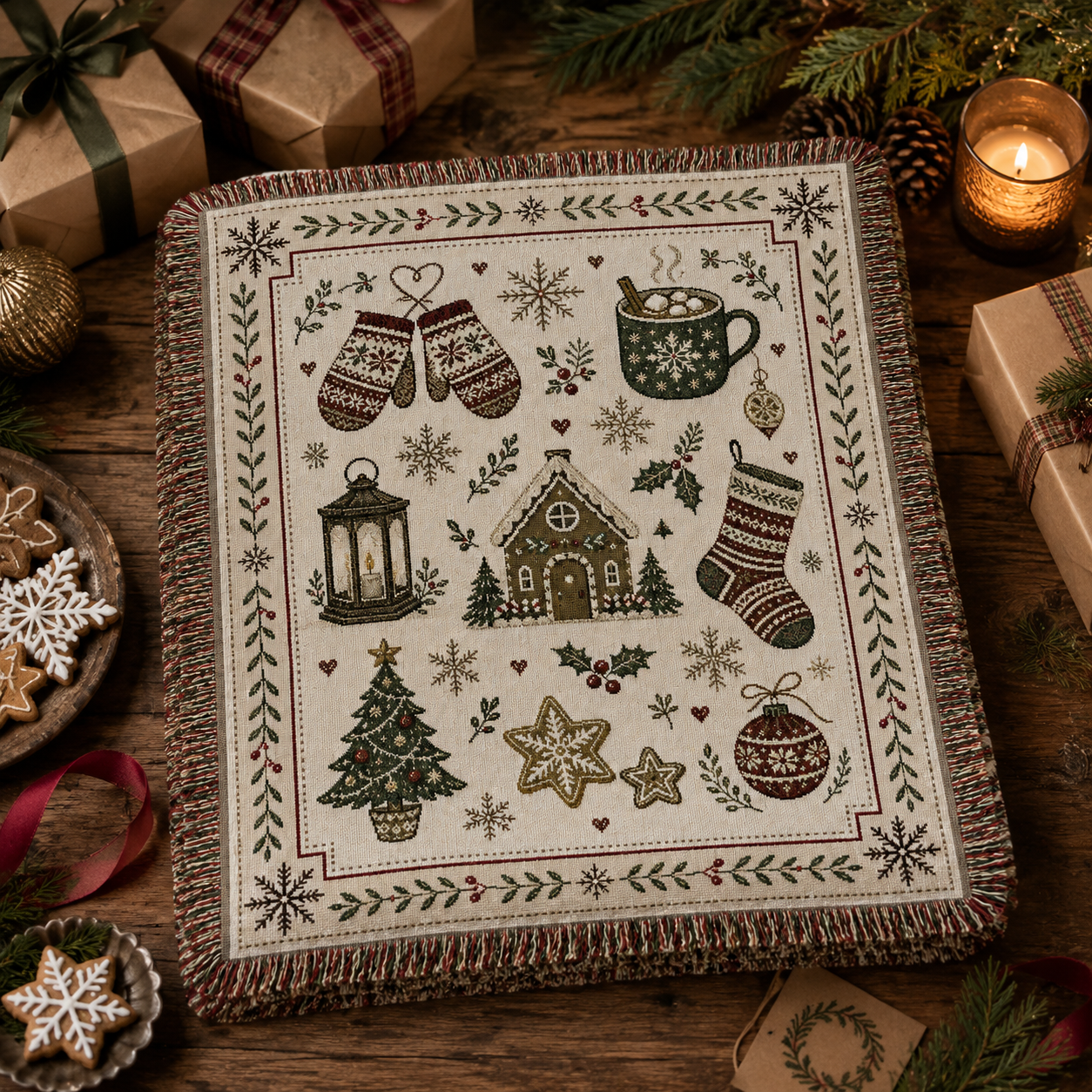 Folded Christmas folk art woven blanket styled as a festive holiday gift