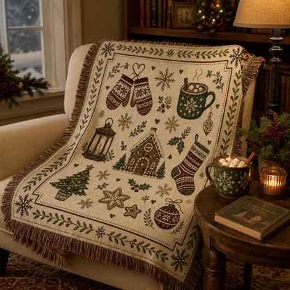 Holiday woven blanket draped over a cozy reading chair beside hot cocoa