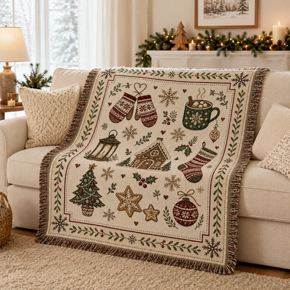 Nordic Christmas woven blanket styled on a cozy cream sofa