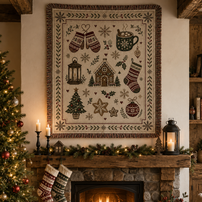 Nordic holiday woven tapestry blanket displayed above a rustic Christmas fireplace