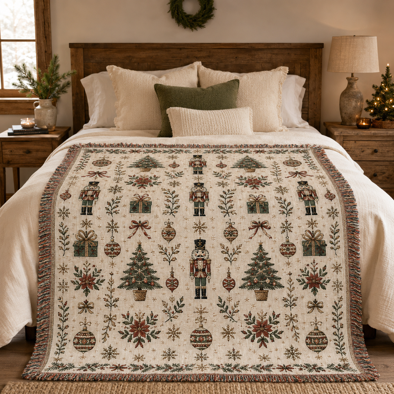 Vintage Christmas woven blanket styled across a rustic neutral bed