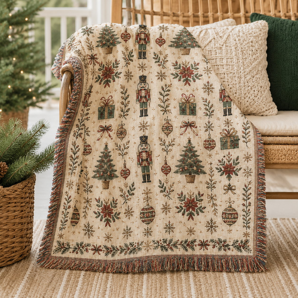 Vintage nutcracker Christmas woven blanket styled on a cozy holiday porch bench