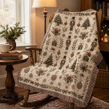 Holiday nutcracker woven blanket draped over a wooden rocking chair in a cozy reading nook