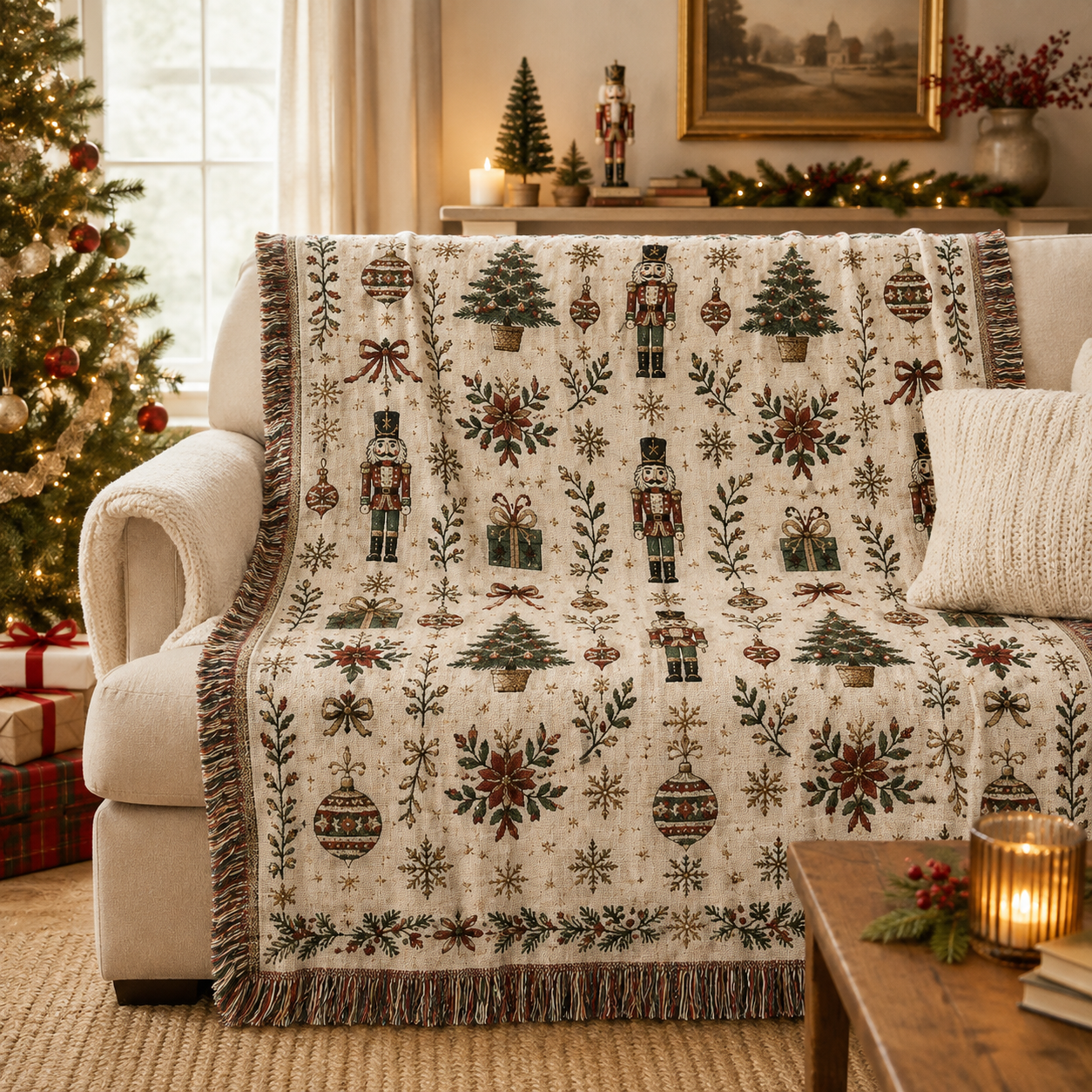 Nutcracker Christmas woven blanket draped over a cream sofa in a festive living room