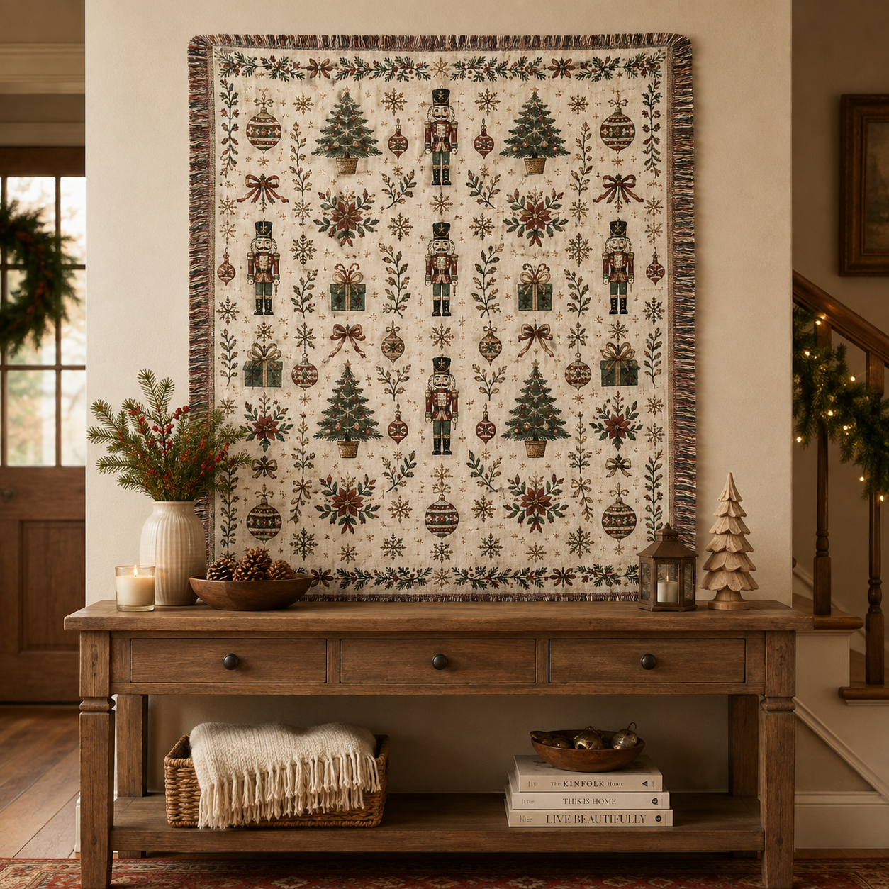 Nutcracker Christmas woven blanket displayed as festive wall tapestry decor