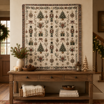 Nutcracker Christmas woven blanket displayed as festive wall tapestry decor