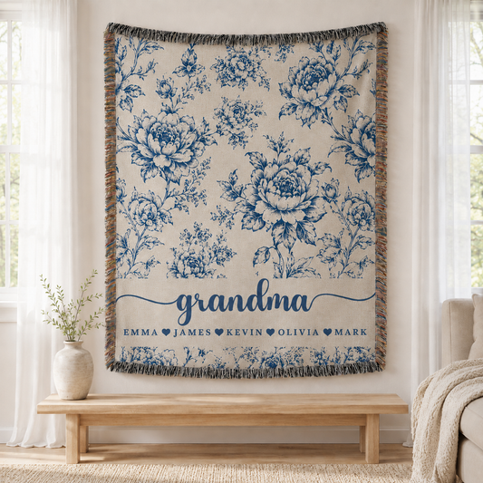 Personalized Grandma Floral Woven Blanket – 5 Colors & Grandkids’ Names