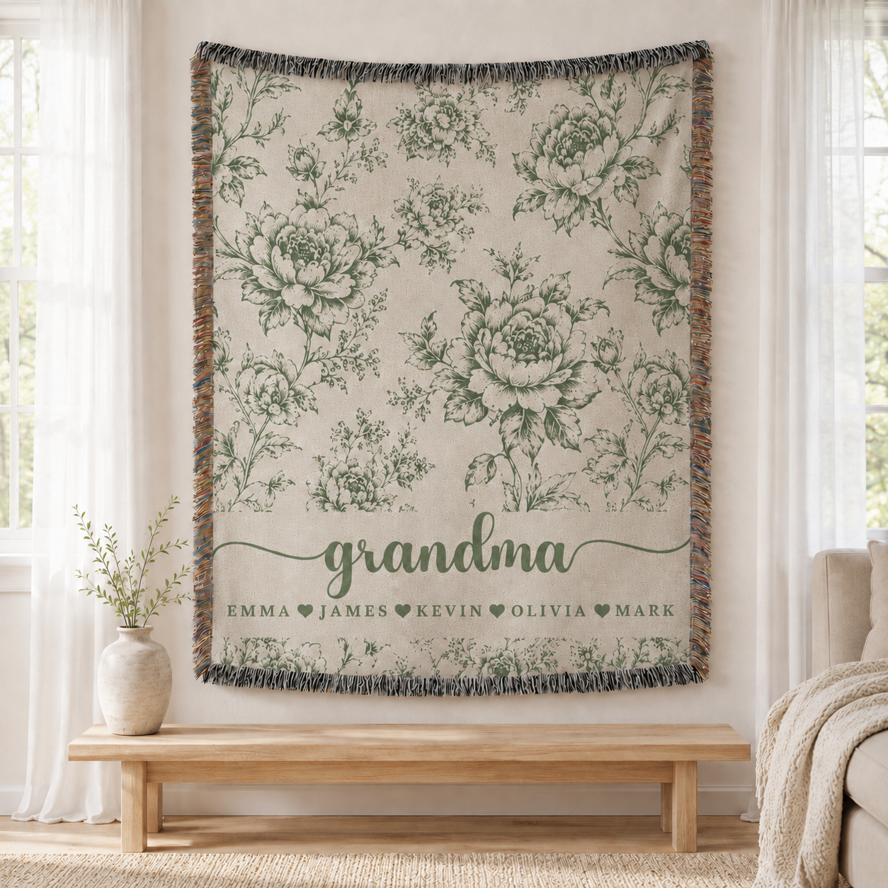 Personalized Grandma Floral Woven Blanket – 5 Colors & Grandkids’ Names
