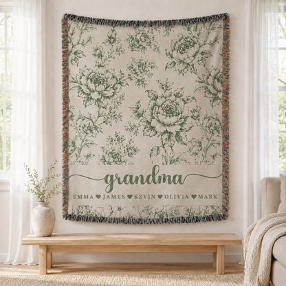 Personalized Grandma Floral Woven Blanket – 5 Colors & Grandkids’ Names