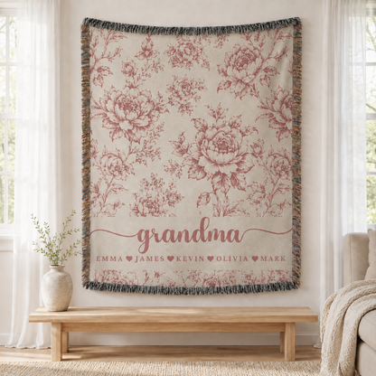 Personalized Grandma Floral Woven Blanket – 5 Colors & Grandkids’ Names