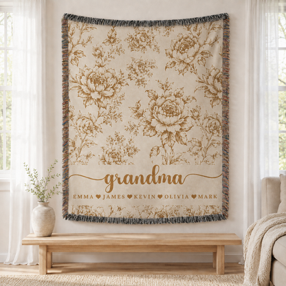 Personalized Grandma Floral Woven Blanket – 5 Colors & Grandkids’ Names