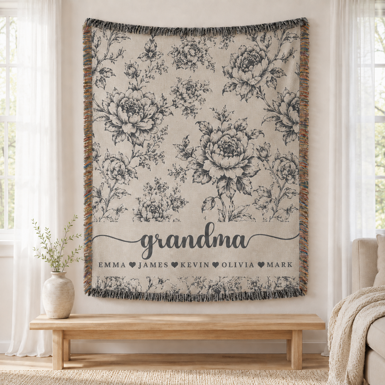 Personalized Grandma Floral Woven Blanket – 5 Colors & Grandkids’ Names