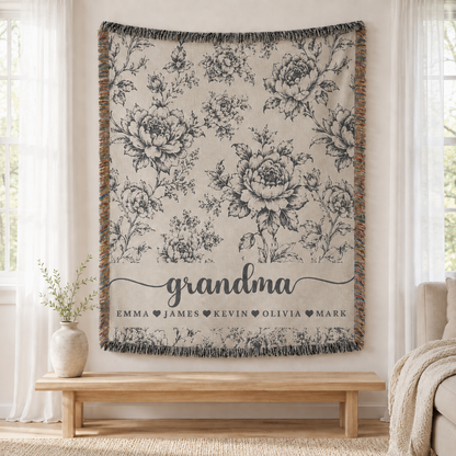 Personalized Grandma Floral Woven Blanket – 5 Colors & Grandkids’ Names