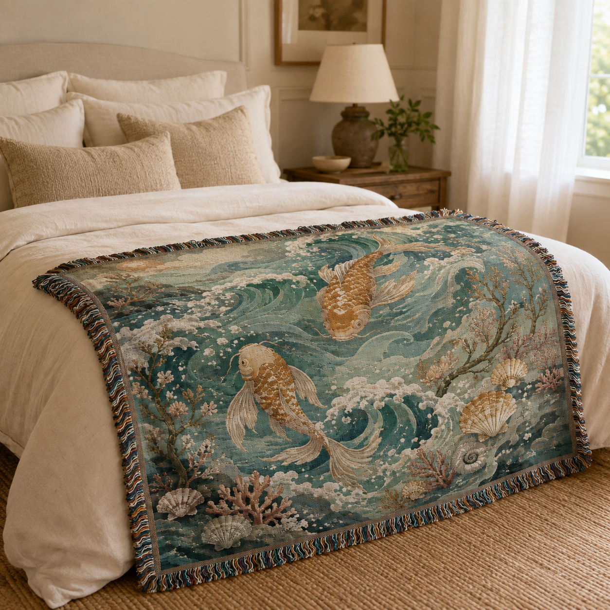 Ocean koi woven blanket styled across a warm neutral bed in a peaceful coastal bedroom