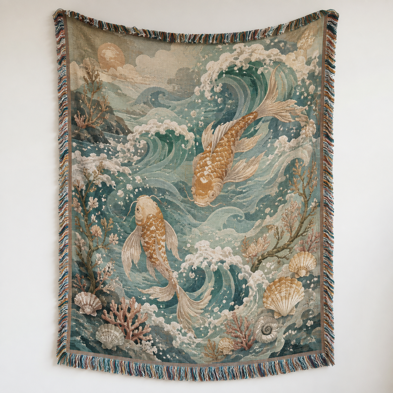 Ocean koi woven blanket shown full front with teal waves, golden koi fish, coral, shells and fringe