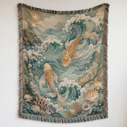 Ocean koi woven blanket shown full front with teal waves, golden koi fish, coral, shells and fringe
