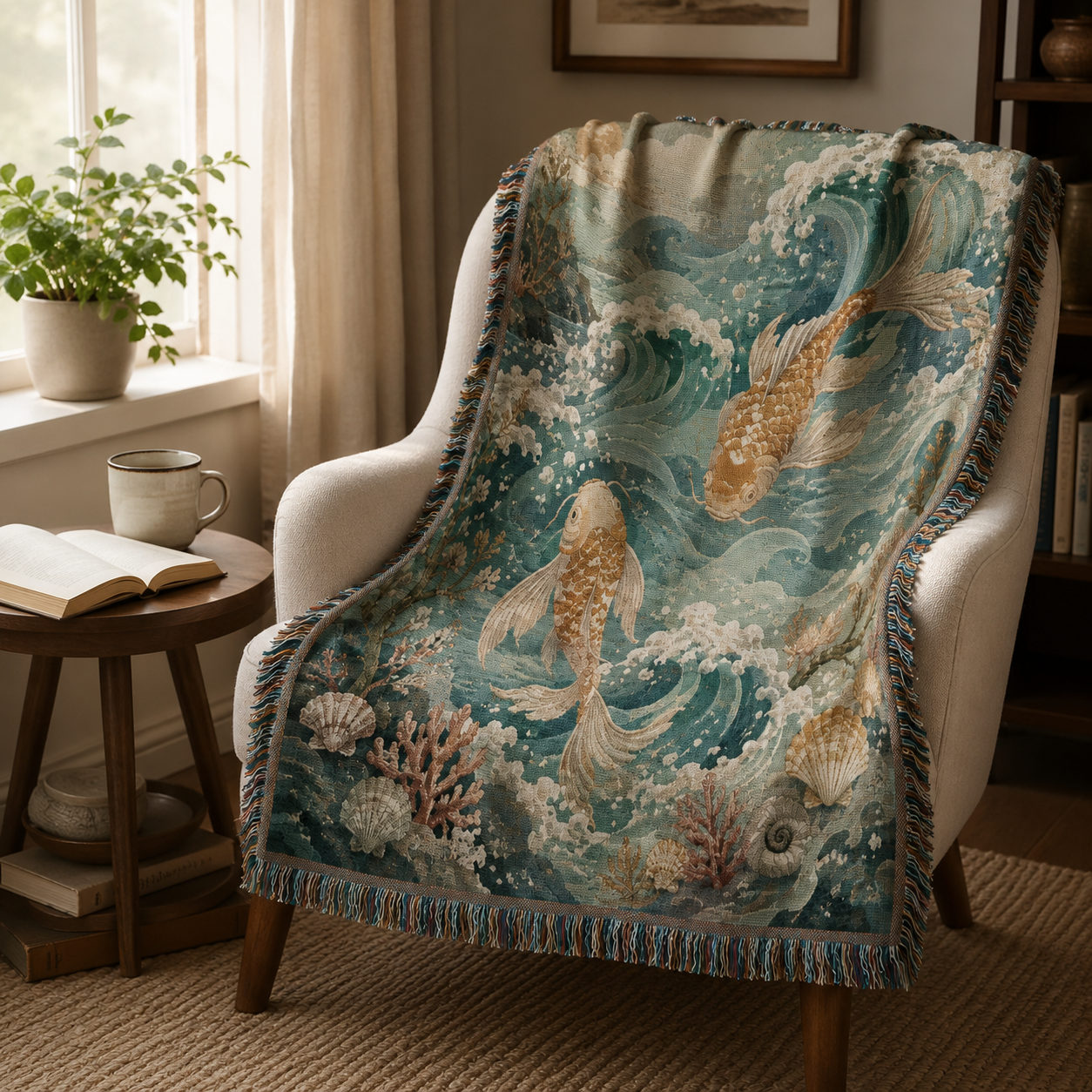 Ocean koi woven blanket displayed on an armchair beside a book and mug in a cozy reading nook