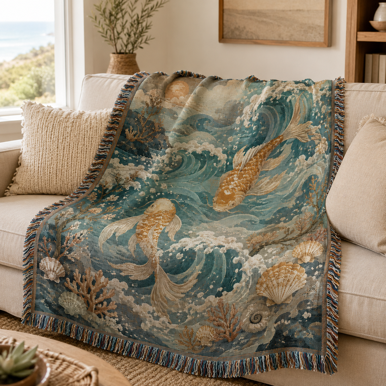 Ocean koi woven blanket draped over a neutral sofa in a bright coastal living room