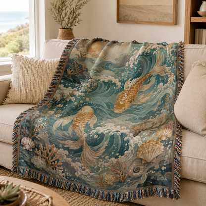 Ocean koi woven blanket draped over a neutral sofa in a bright coastal living room