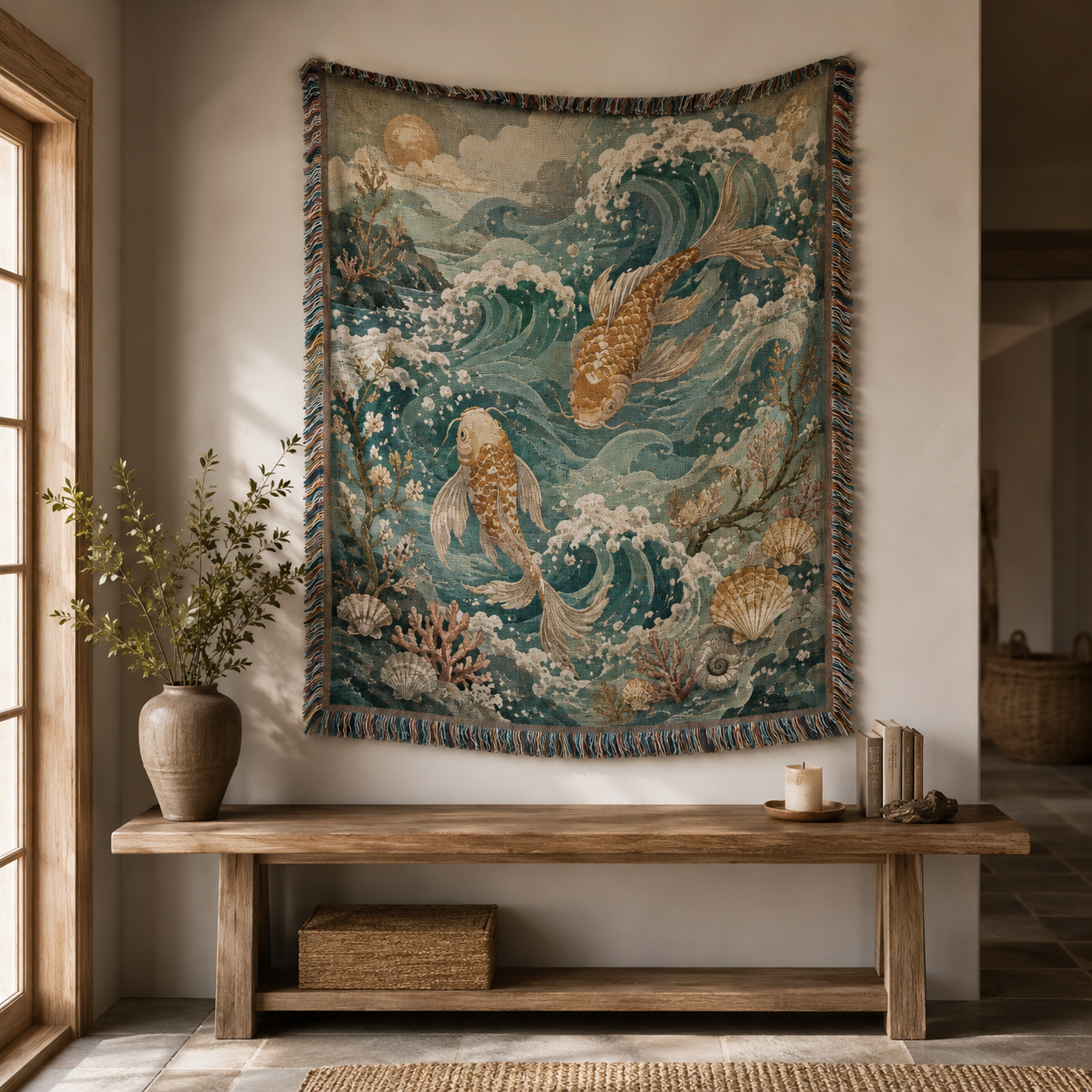 Ocean koi woven blanket displayed as textile wall art above a rustic wood console