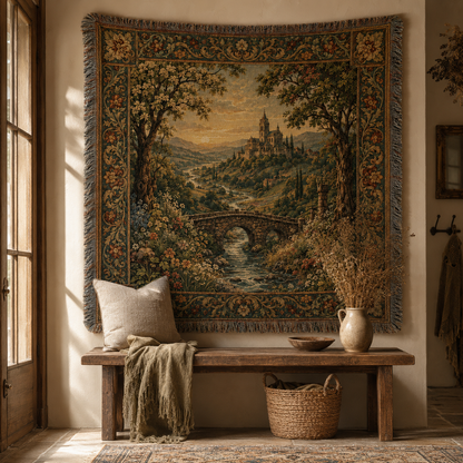 Old world abbey valley woven tapestry displayed above a rustic entryway bench with dried botanicals