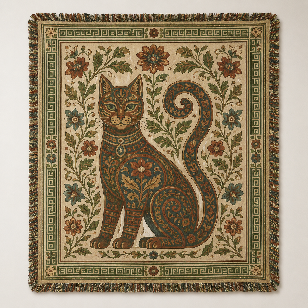 Ornate folk art cat woven blanket with botanical vines, geometric border and fringe