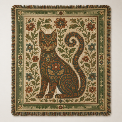 Ornate folk art cat woven blanket with botanical vines, geometric border and fringe