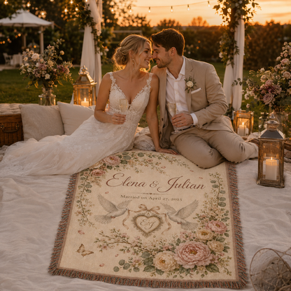 Personalized wedding woven blanket featured in a romantic outdoor golden hour wedding scene