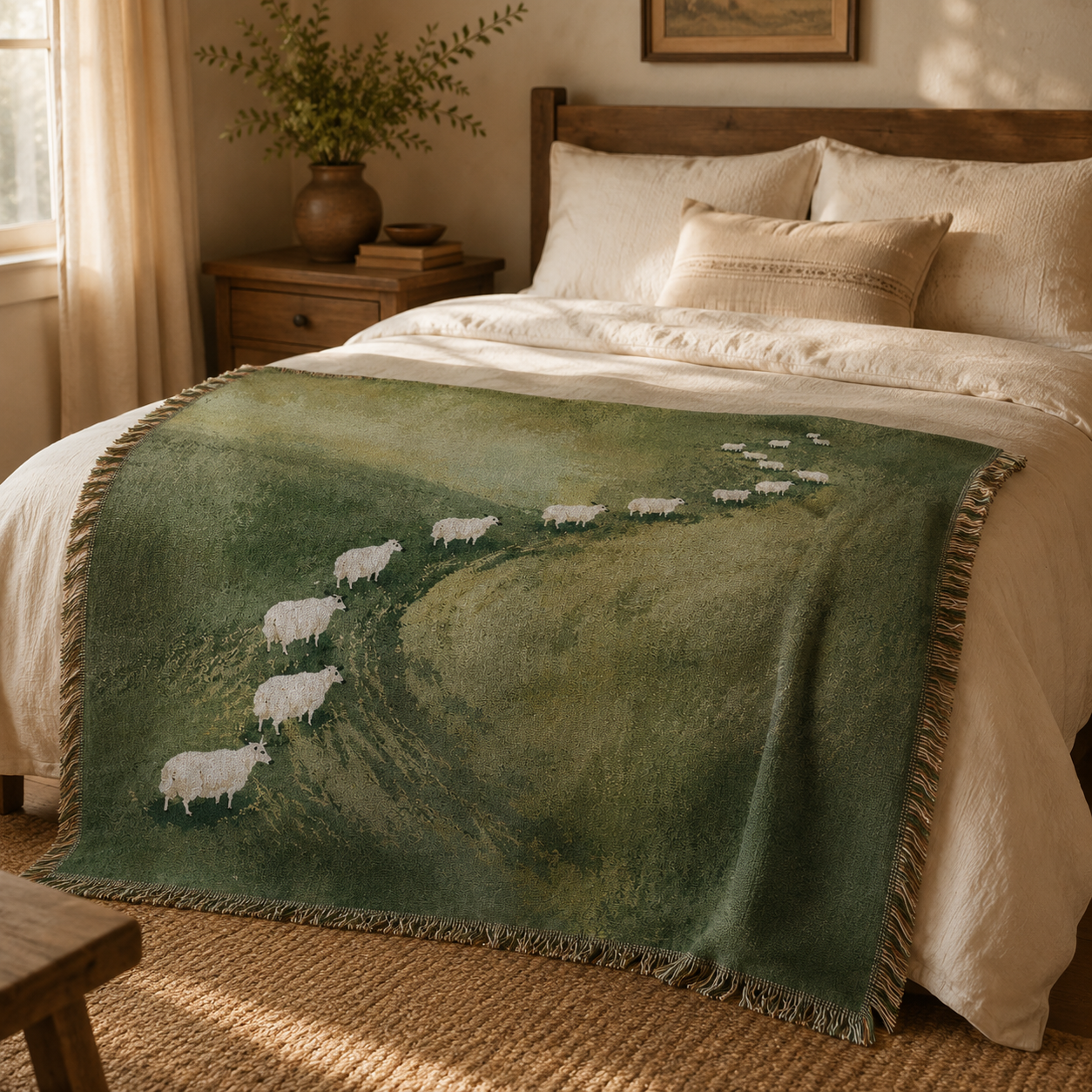 Green pastoral sheep woven blanket displayed across a warm farmhouse bed