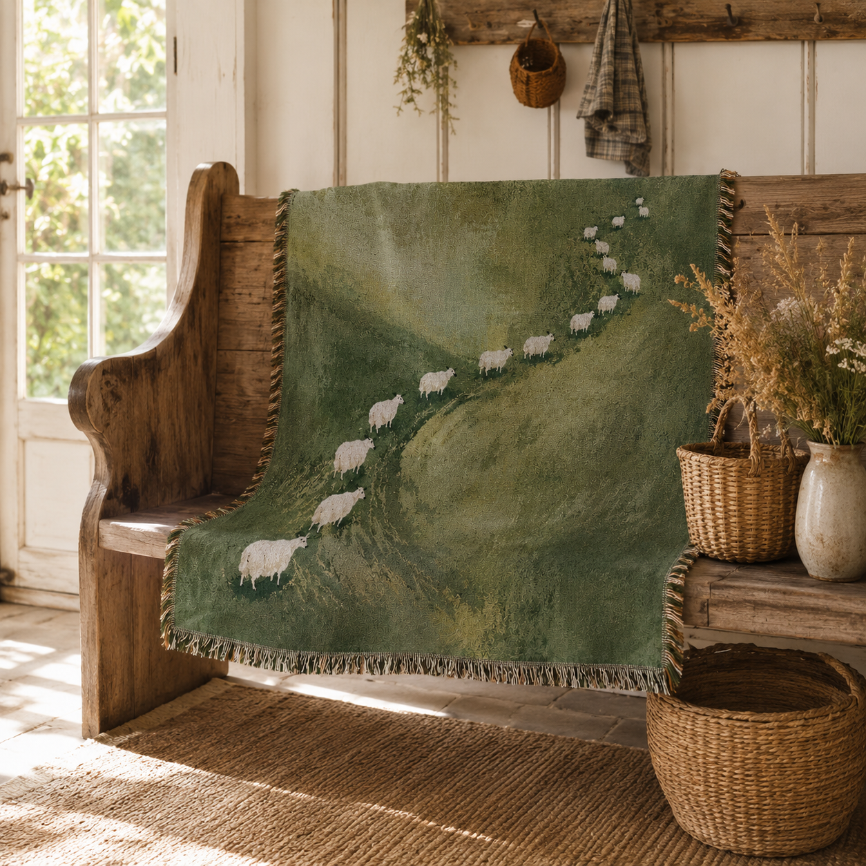 Pastoral sheep trail woven blanket displayed on a rustic wooden farmhouse bench