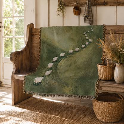 Pastoral sheep trail woven blanket displayed on a rustic wooden farmhouse bench