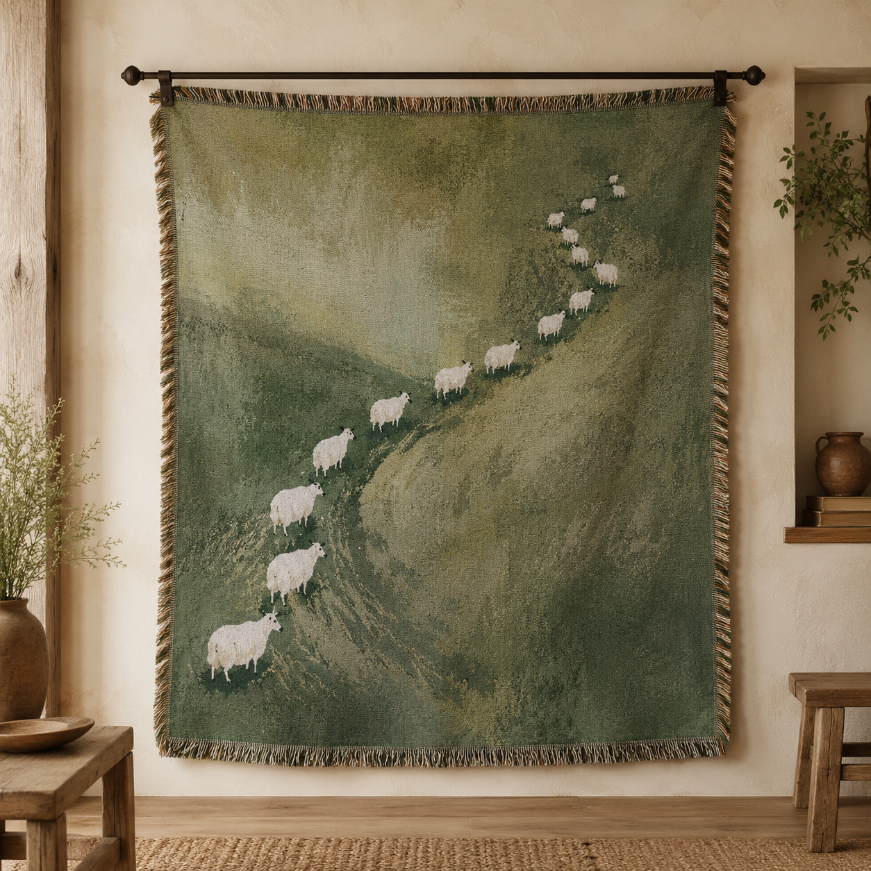 Pastoral sheep trail woven blanket with white sheep on a moss green hillside