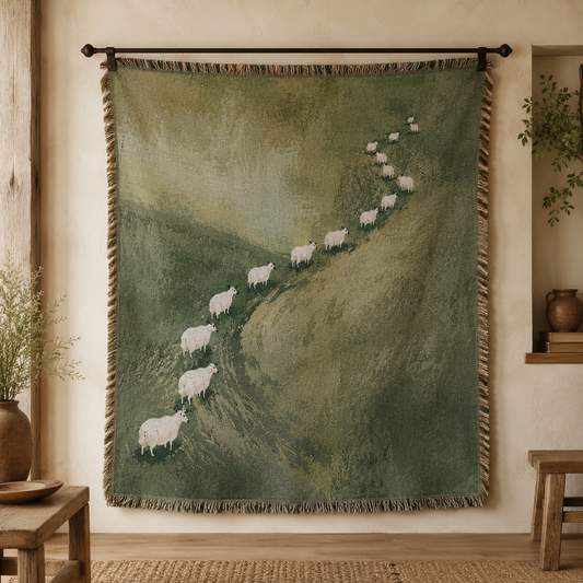 Pastoral sheep trail woven blanket with white sheep on a moss green hillside
