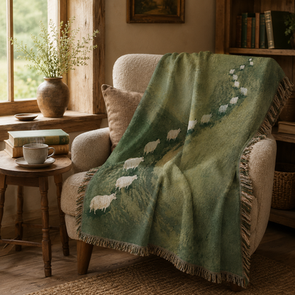 Pastoral sheep trail woven throw draped over a rustic reading chair