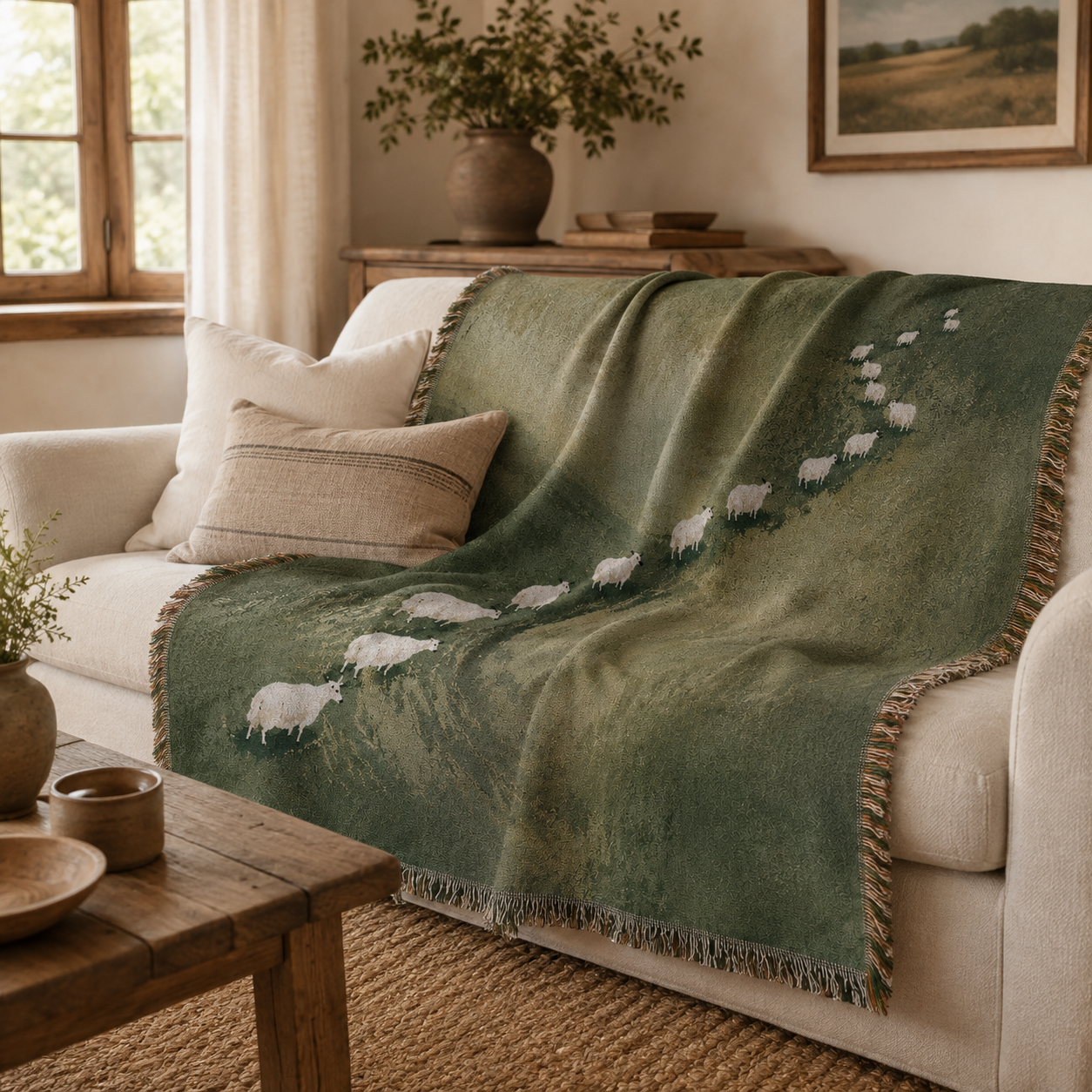 Pastoral sheep woven blanket styled on a cream sofa in a rustic living room