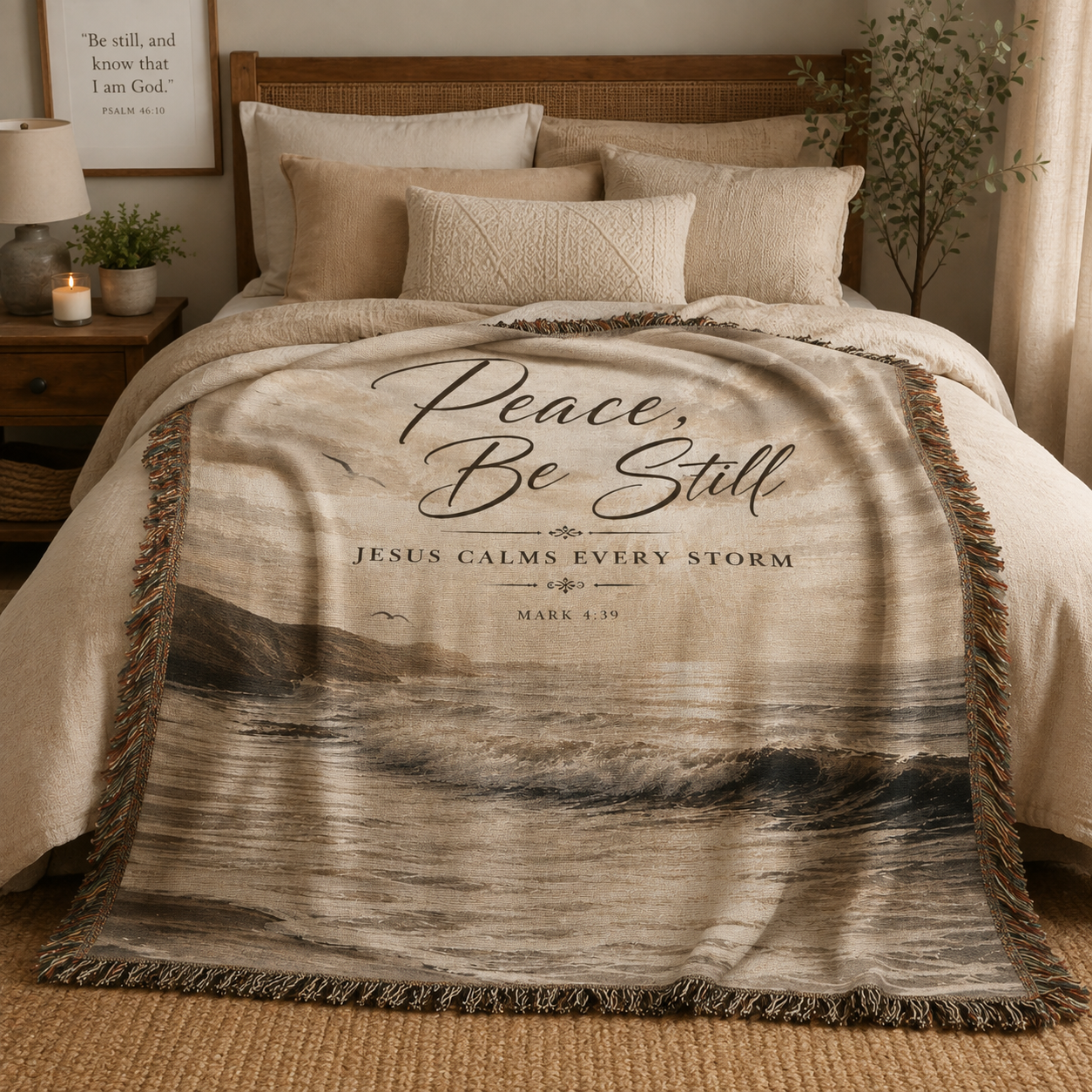 Peace Be Still Christian woven blanket with ocean waves styled on a cozy bedroom bed