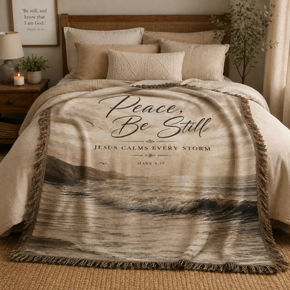 Peace Be Still Christian woven blanket with ocean waves styled on a cozy bedroom bed
