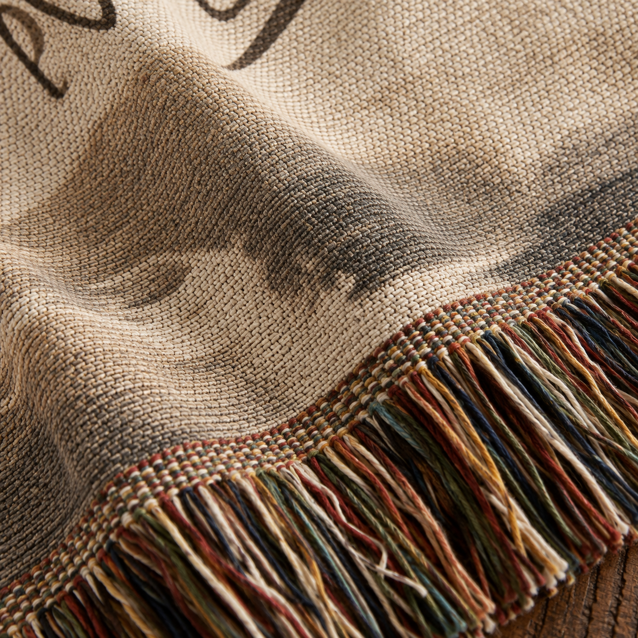 Macro close-up of woven yarn texture and multicolor fringe on Christian tapestry blanket