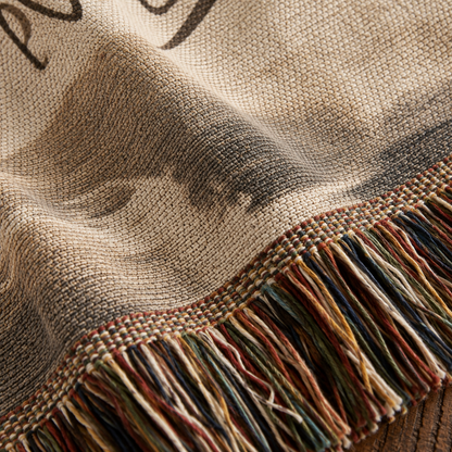 Macro close-up of woven yarn texture and multicolor fringe on Christian tapestry blanket