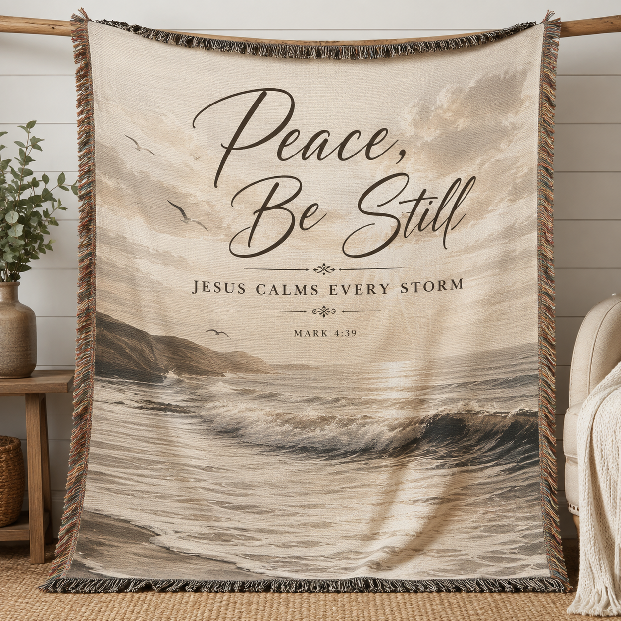Peace Be Still Jesus Calms Every Storm Mark 4:39 Christian woven blanket with ocean waves and fringe