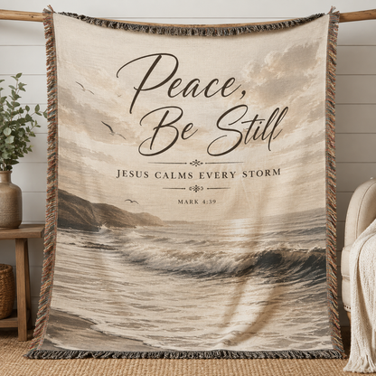 Peace Be Still Jesus Calms Every Storm Mark 4:39 Christian woven blanket with ocean waves and fringe