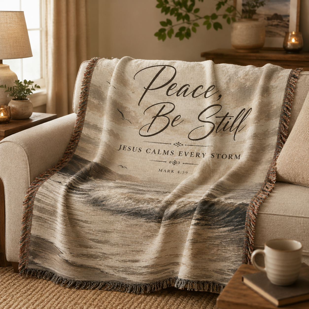 Peace Be Still Mark 4:39 Christian woven blanket softly draped over a sofa