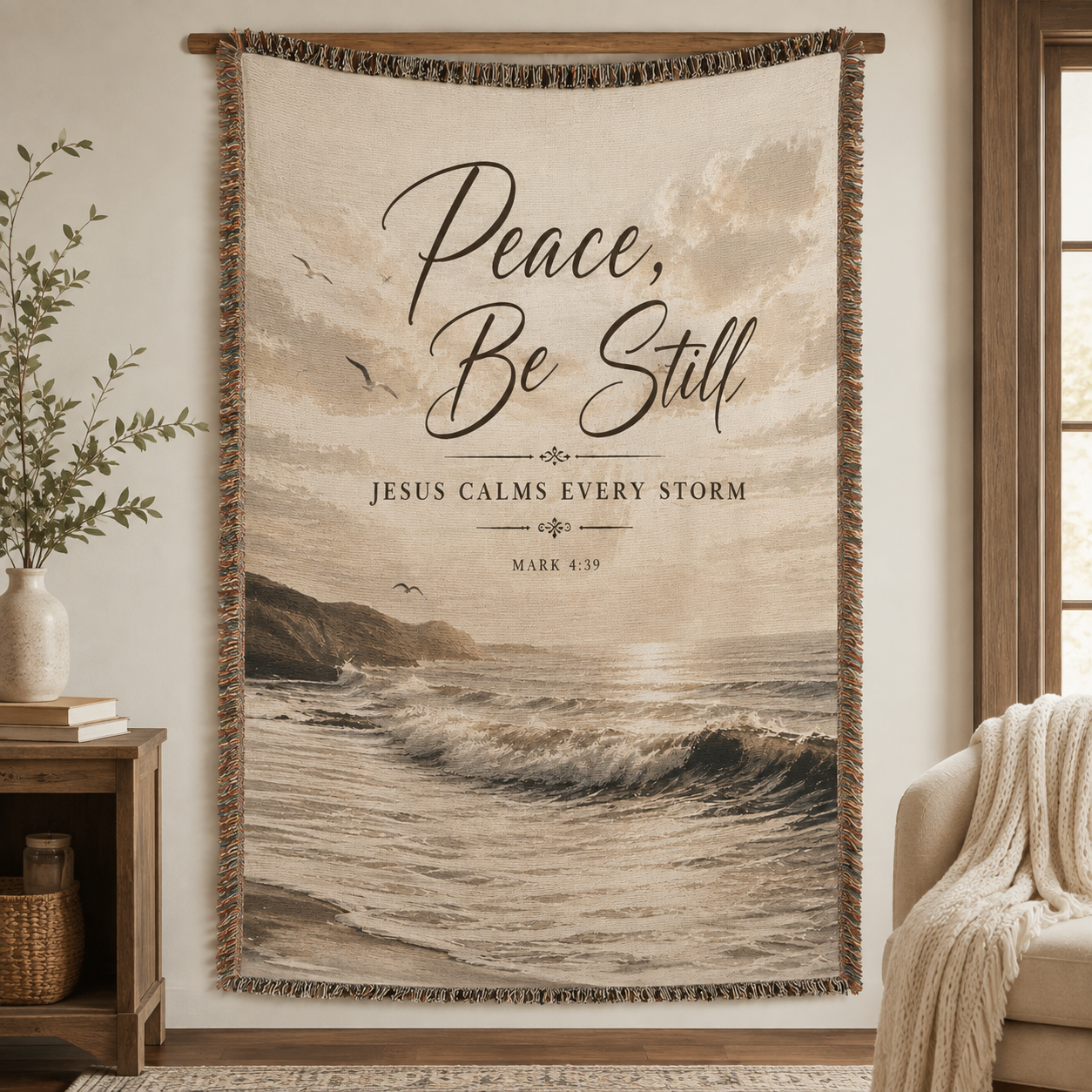Peace Be Still Jesus Calms Every Storm woven blanket displayed as Christian wall decor